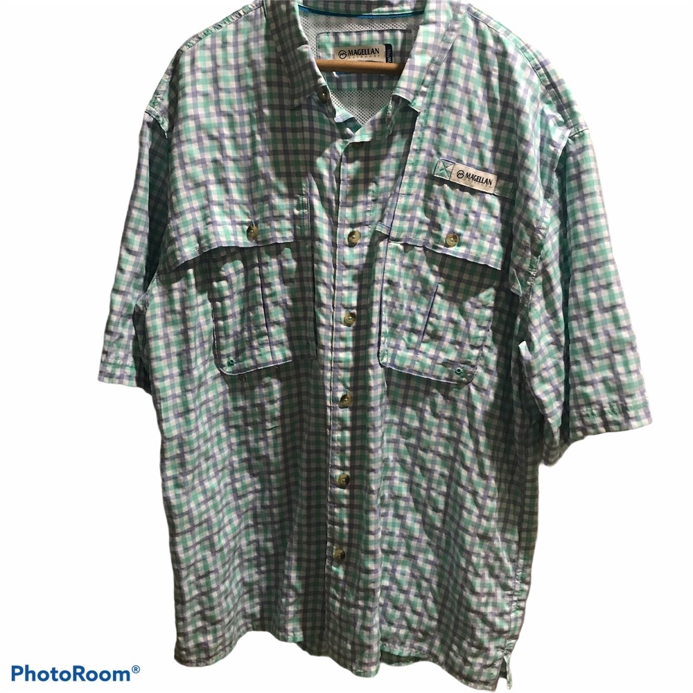 Magellan Outdoors Fish Gear L Green Purple Gingham MagWick Fishing Shirt